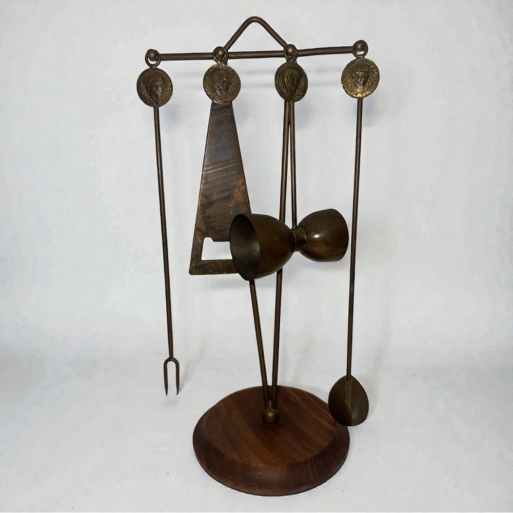VINTAGE Mid-Century Solid Brass Bar Tool Set with Greek Motif & Wood Base